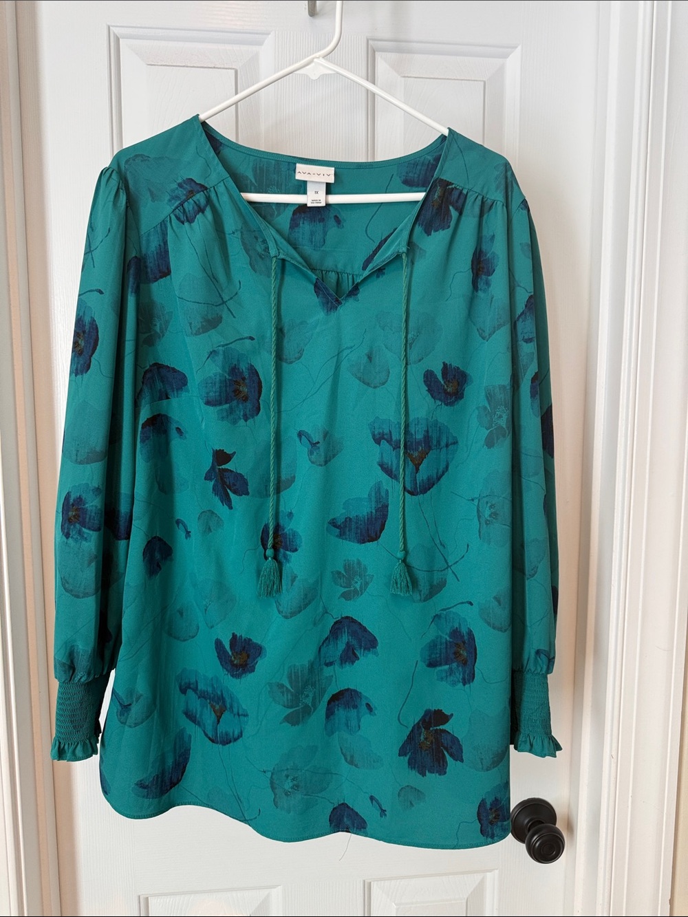 NYDJ Teal Floral Tassel V-Neck Tunic